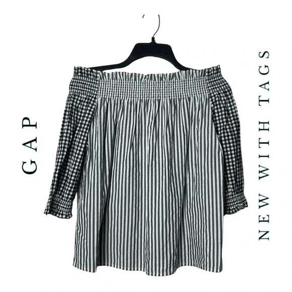 1477. GAP OFF SHOULDER TOP SMOCKING STRIPES PATTERN GRAY/BLACK/WHITE INโ COLOR - Picture 1 of 10